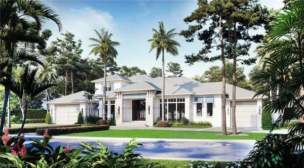 a front view of a house with a garden and trees