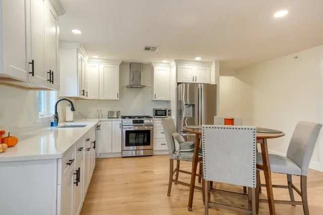 a kitchen with white cabinets and stainless steel appliances