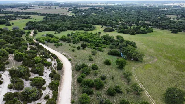 an aerial view of a residential houses with outdoor space and trees