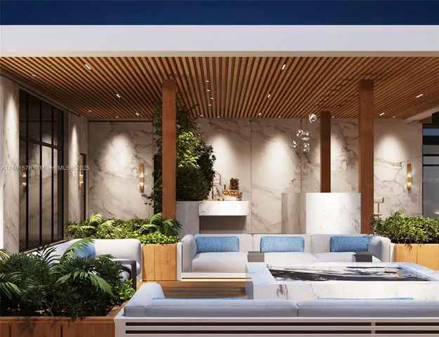 a building view with couches and potted plants