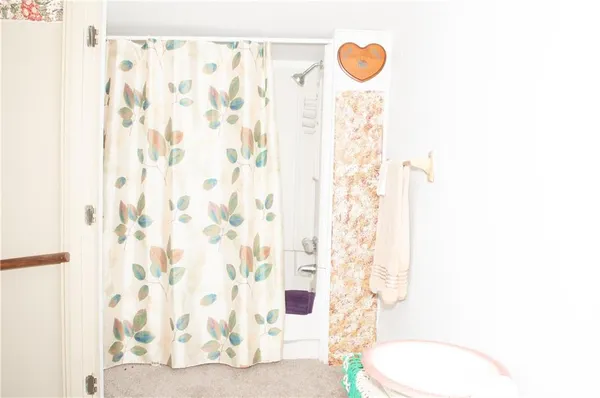 a bathroom with a shower curtain