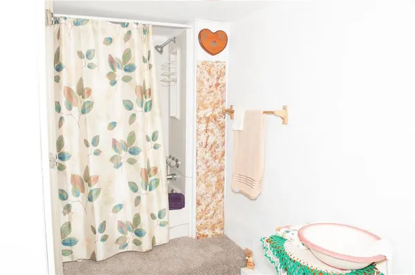 a bathroom with a shower and a curtain