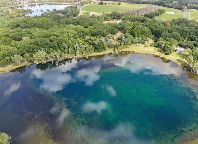 an aerial view of residential house with outdoor space and trees around