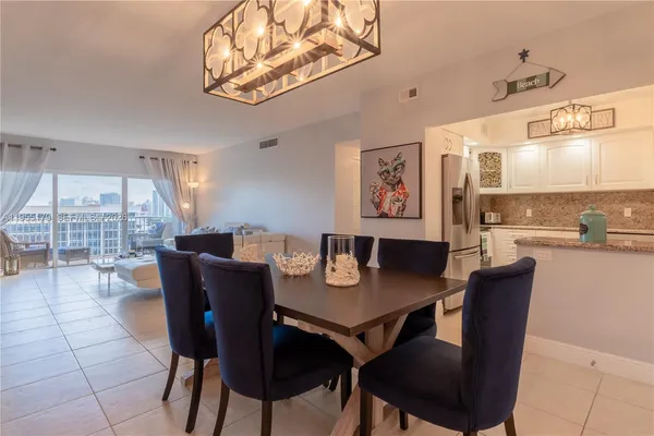 a view of a dining room with furniture window and outside view
