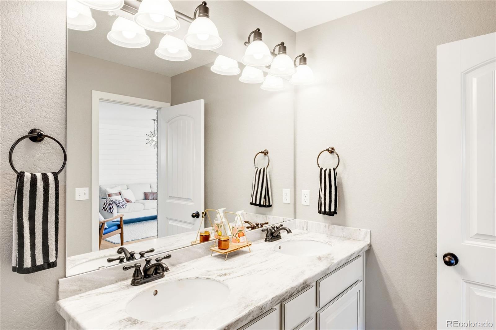 683 Tiger Lily Way Highlands Ranch, CO 80126 - Photo 33 of 50 a bathroom with a sink vanity and a mirror