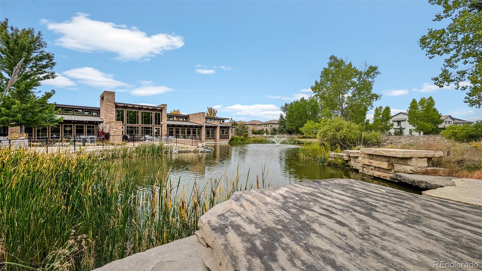 683 Tiger Lily Way Highlands Ranch, CO 80126 - Photo 49 of 50 a lake view with a bench and trees in the background