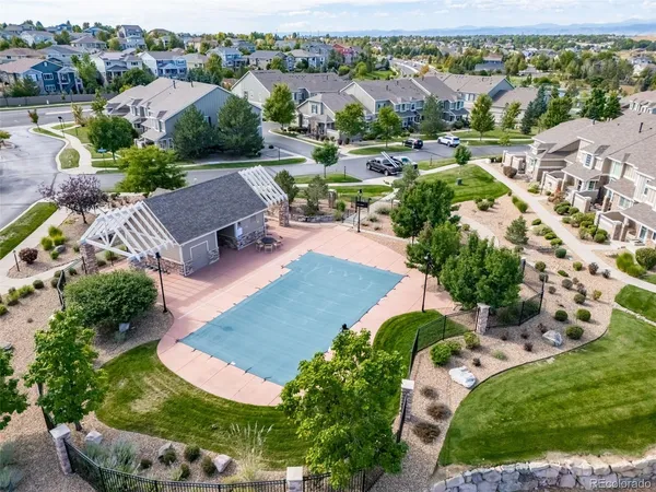 an aerial view of a house with garden