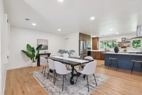 a view of a dining room with furniture and wooden floor
