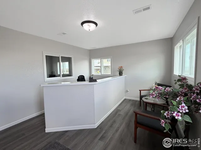 a living room with furniture and flowers