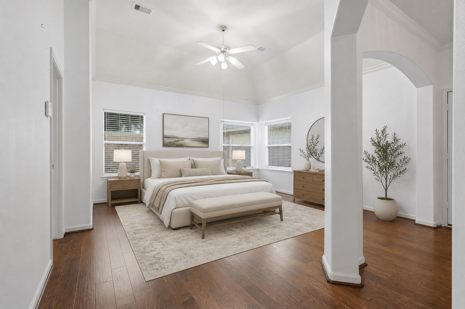 5815 Pheasant Ridge Lane Houston, TX 77041 - Photo 26 of 43 The private primary suite is truly amazing, featuring elegant tray ceilings trimmed with crown molding, stunning timeless architecture, and a spacious design that creates a luxurious retreat. This home has been virtually staged to showcase just how beautiful and inviting this space can be.