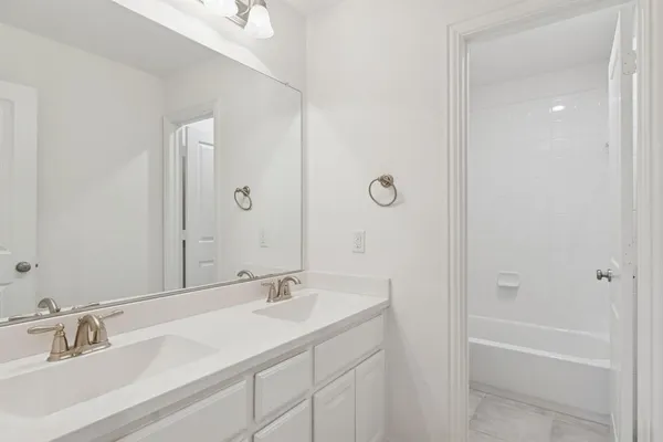 a bathroom with a sink tub double vanity and shower