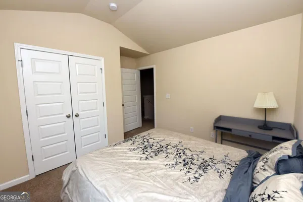 a bedroom with a bed and closet