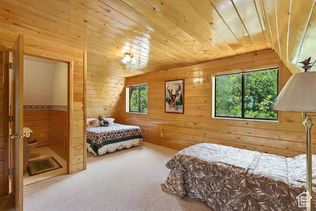 1180 Oak Road Coalville, UT 84017 - Photo 14 of 25 Bedroom featuring wood ceiling, wooden walls, and carpet