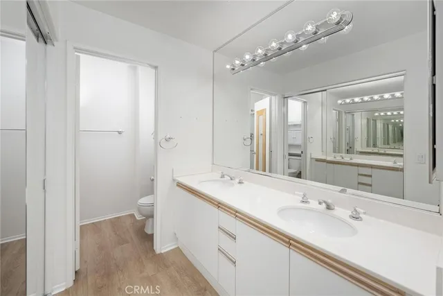 a bathroom with a sink a toilet a large mirror and shower