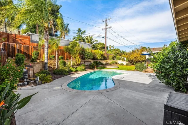 a view of a house with pool and a yard