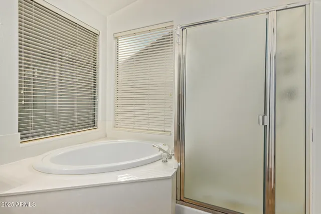 a bathroom with a bathtub and a shower