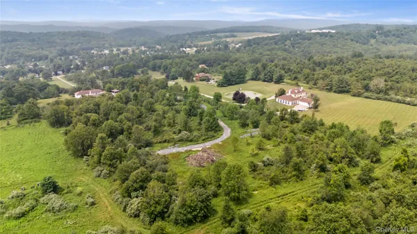 a view of a city with lush green forest