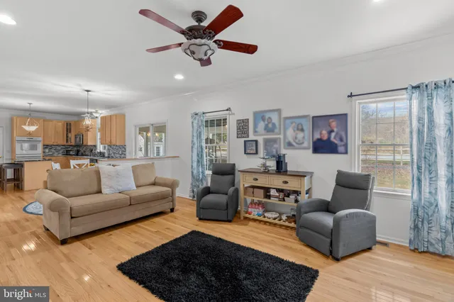a living room with furniture ceiling fan and a rug