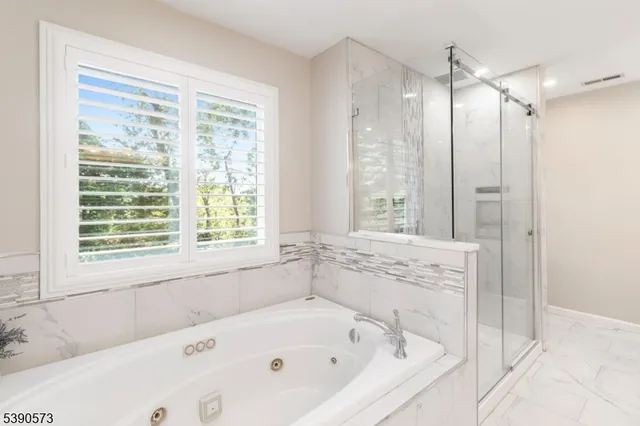 a bathroom with a bathtub and a shower