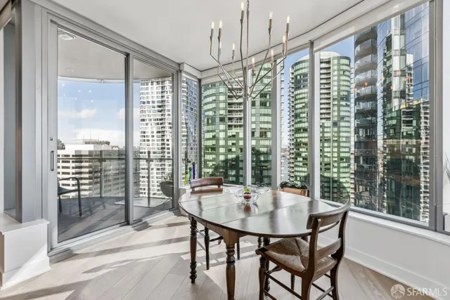a view of a dining room with furniture window and outside view