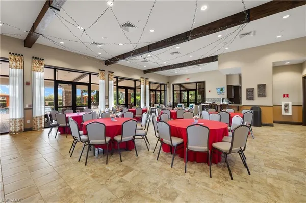 a view of a dining room with furniture