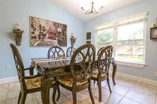 a view of a dining room with furniture window and outside view