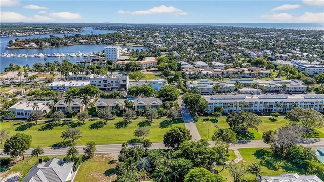 an aerial view of residential building and lake
