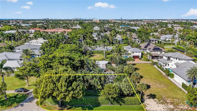 an aerial view of residential houses with outdoor space and trees