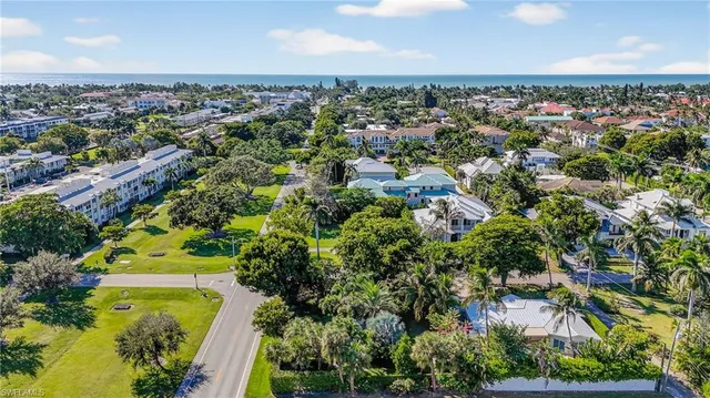 an aerial view of residential houses with outdoor space and trees