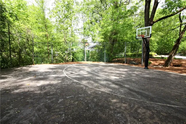 a backyard of a house with large trees and plants