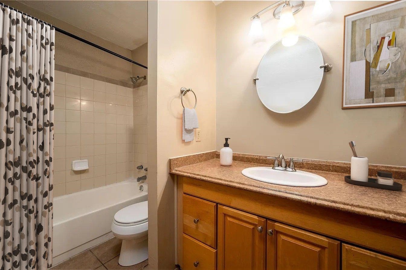 107 South Front Street, Unit 41 Memphis, TN 38103 - Photo 11 of 17 a bathroom with a granite countertop sink a toilet and a mirror