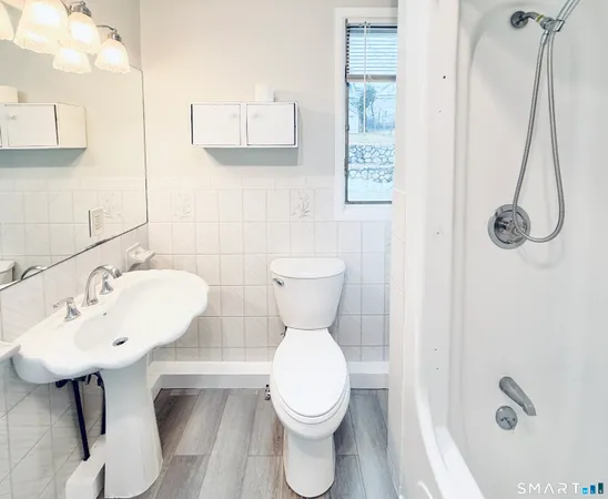 a bathroom with a toilet sink and mirror