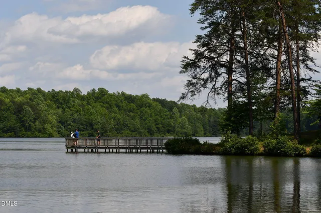 a view of a lake with houses in the back