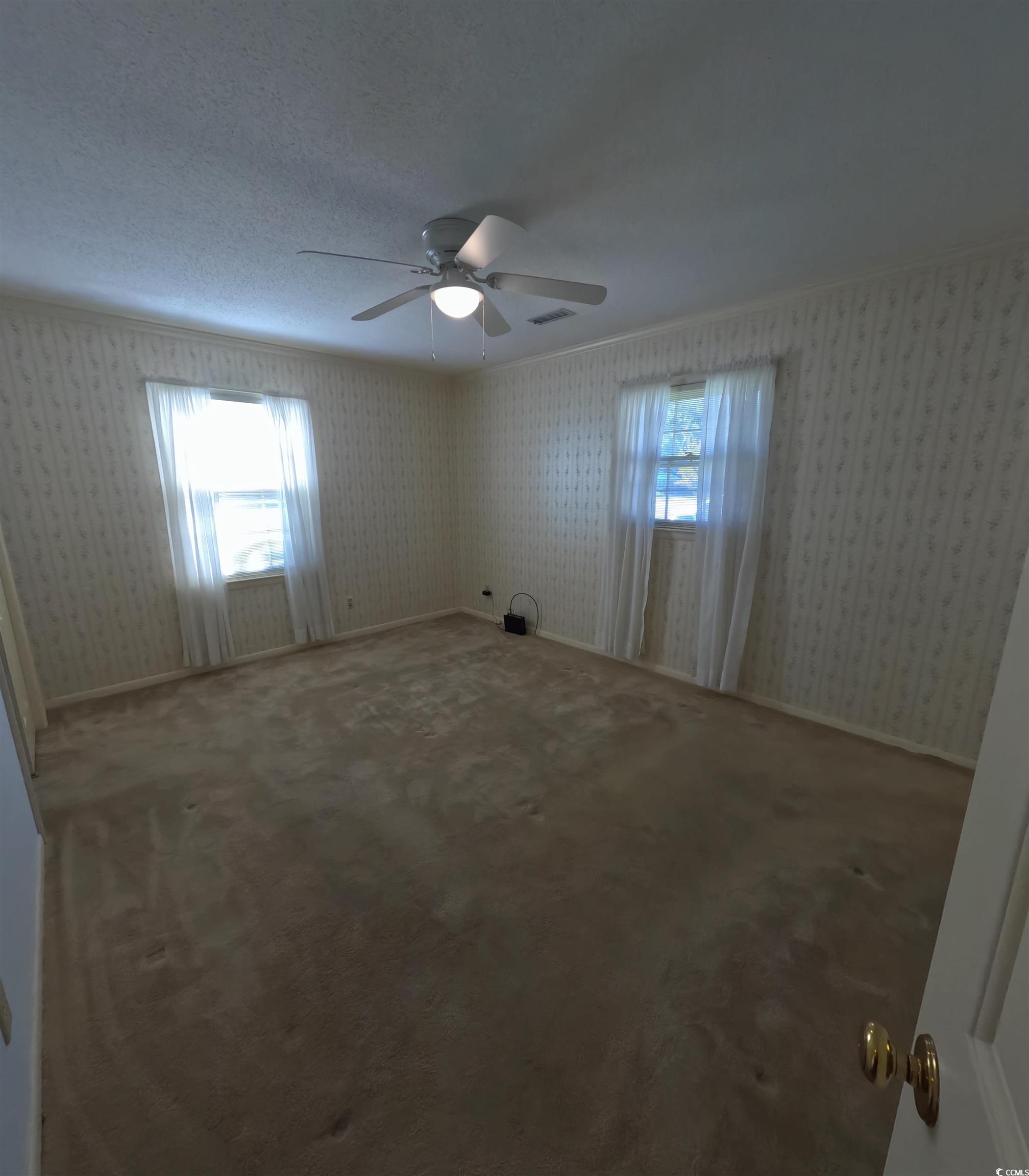 5580 Green Bay Circle Myrtle Beach, SC 29588 - Photo 15 of 36 Unfurnished room with plenty of natural light, a ceiling fan, crown molding, carpet, and wallpapered walls