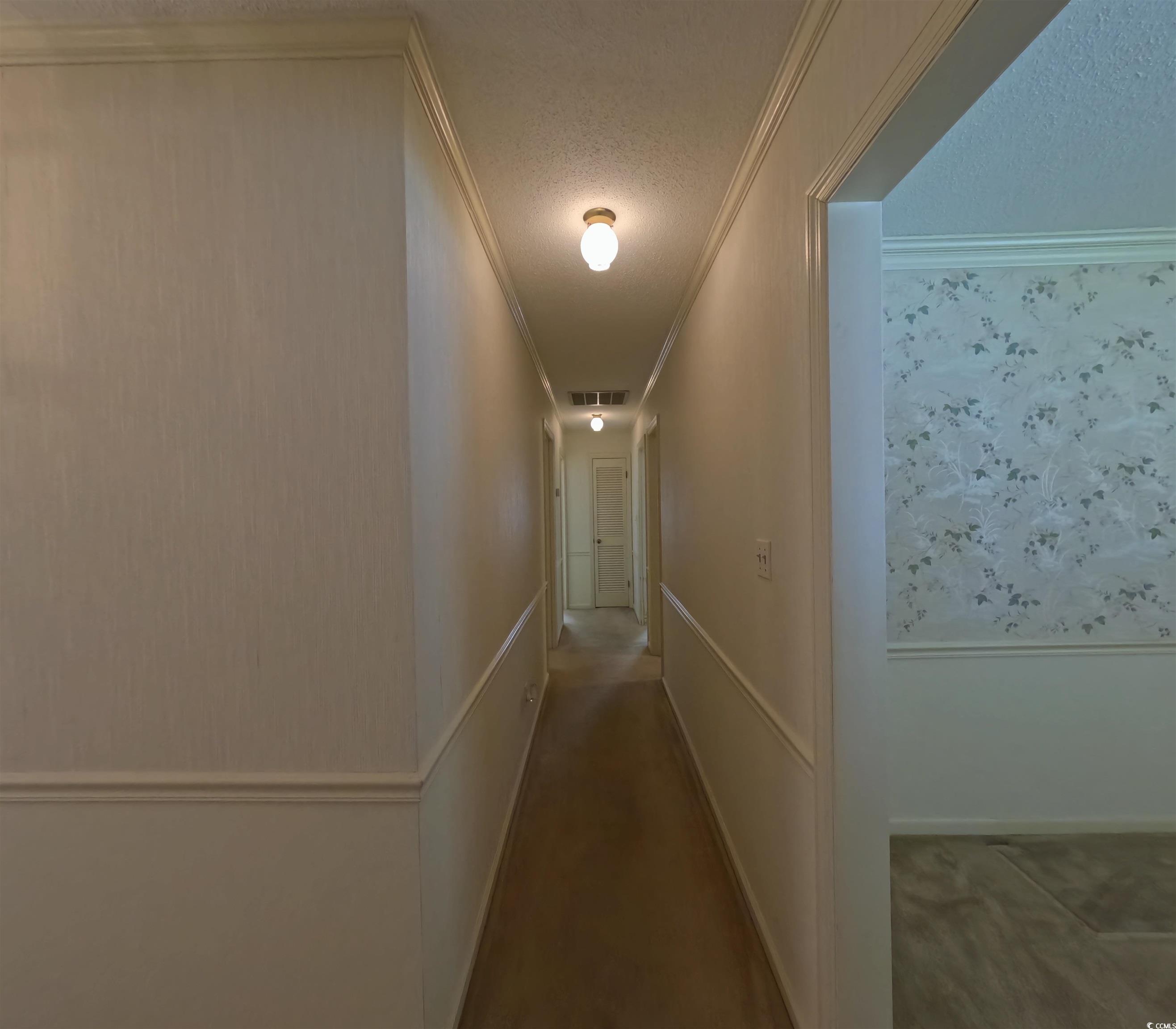 5580 Green Bay Circle Myrtle Beach, SC 29588 - Photo 6 of 36 Hall featuring a textured ceiling, carpet, crown molding, a decorative wall, and wainscoting