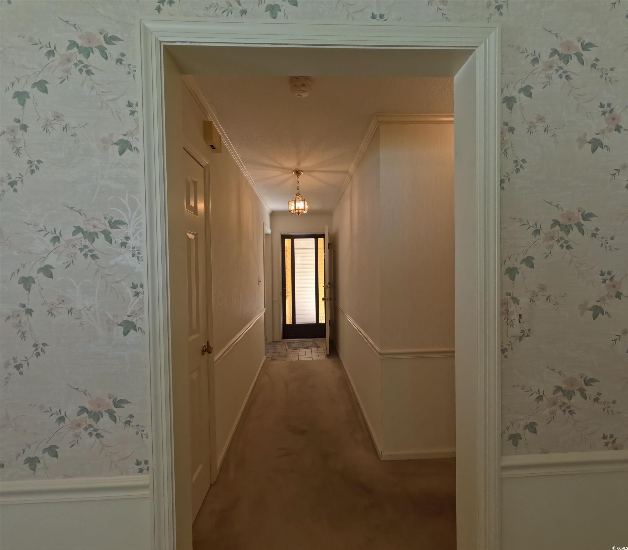 5580 Green Bay Circle Myrtle Beach, SC 29588 - Photo 7 of 36 Corridor with wallpapered walls, carpet flooring, ornamental molding, and wainscoting