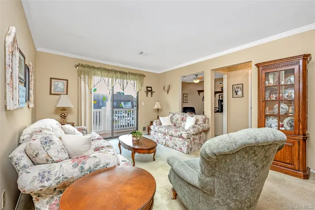 a living room with furniture and large windows