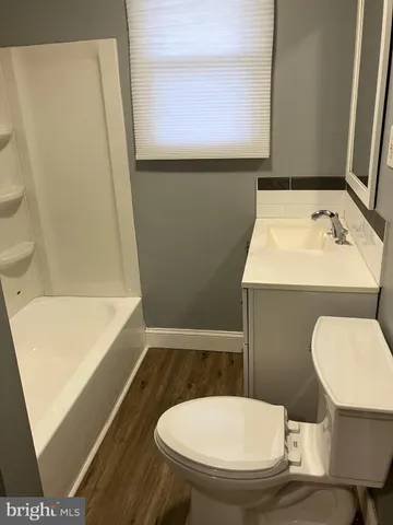 a bathroom with a sink a toilet a mirror and bathtub