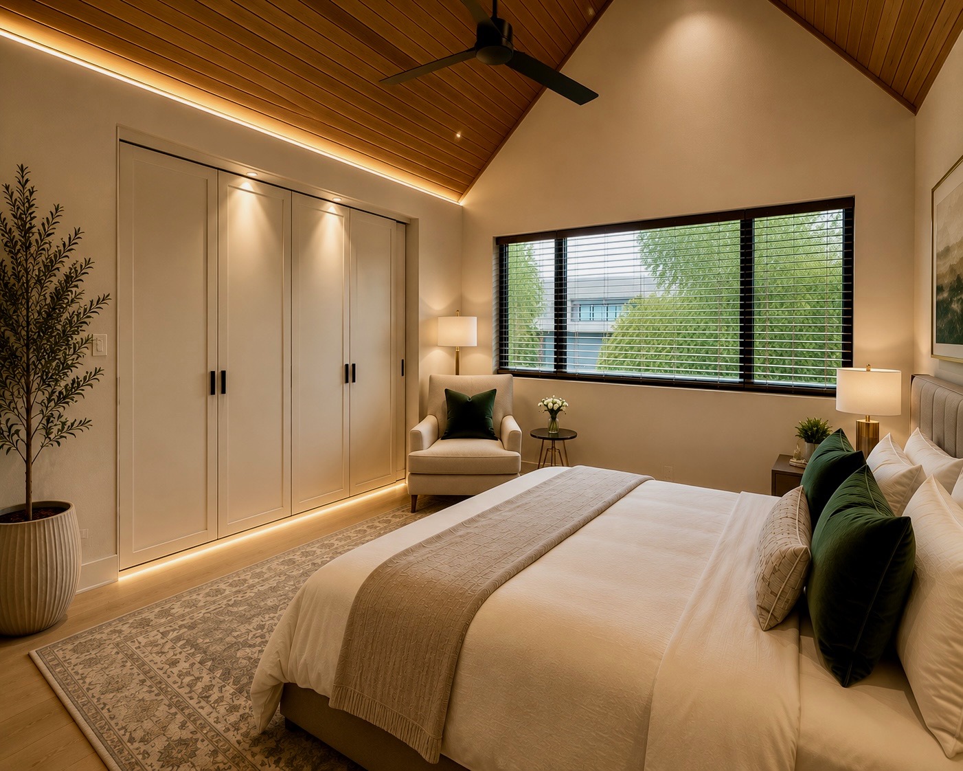 114 Lightsey Road, Unit 2 Austin, TX 78704 - Photo 9 of 14 Natural light filters through modern blinds, illuminating a spacious bedroom with a warm, vaulted ceiling and wood flooring.
