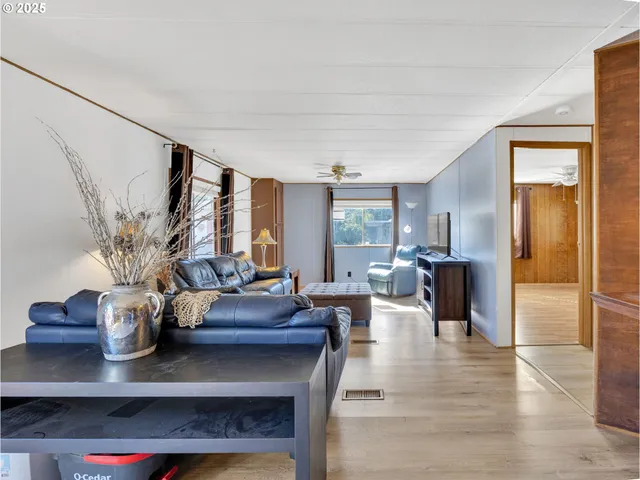 a living room with furniture and a potted plant