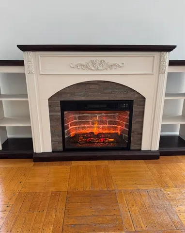 a living room with a fireplace