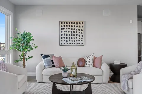 a living room with furniture and a potted plant