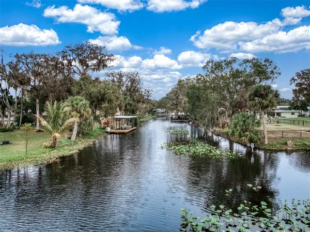 an aerial view of residential houses with outdoor space and trees