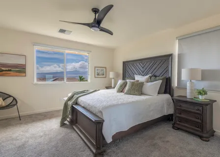 a bedroom with a bed and a window