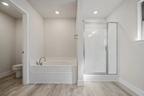a bathroom with a bathtub and a toilet