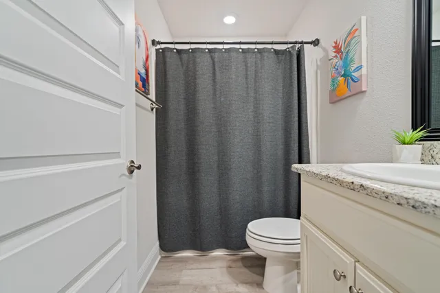 a bathroom with a sink a toilet and a shower curtain