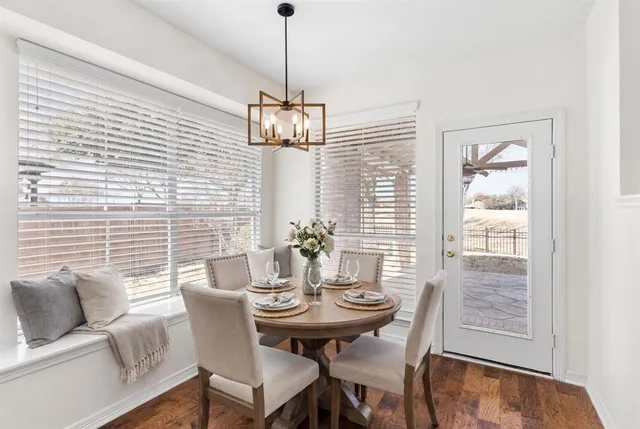 a view of a dining room with furniture window and outside view