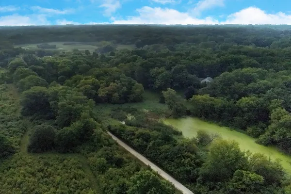 an aerial view of residential houses with outdoor space and trees