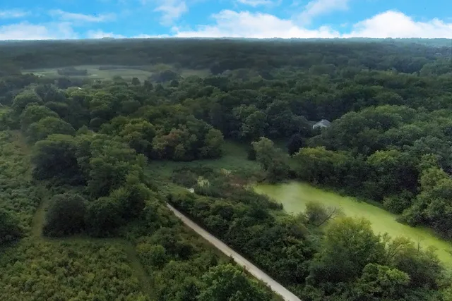 an aerial view of residential houses with outdoor space and trees