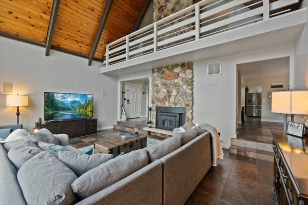 a living room with a fireplace